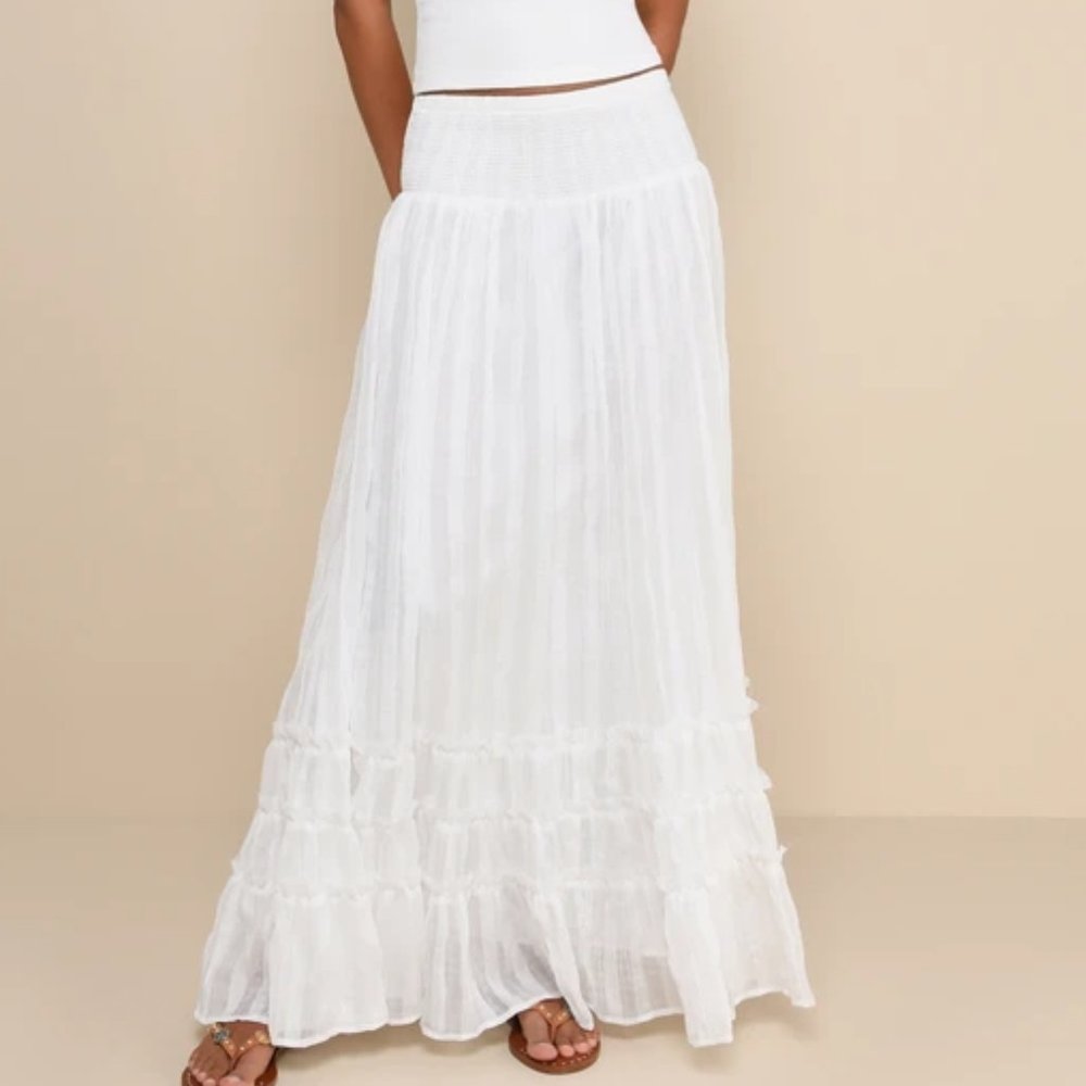 Sunny Baby White Smocked Tiered High-Waisted Midi Skirt Lulus - SMALL